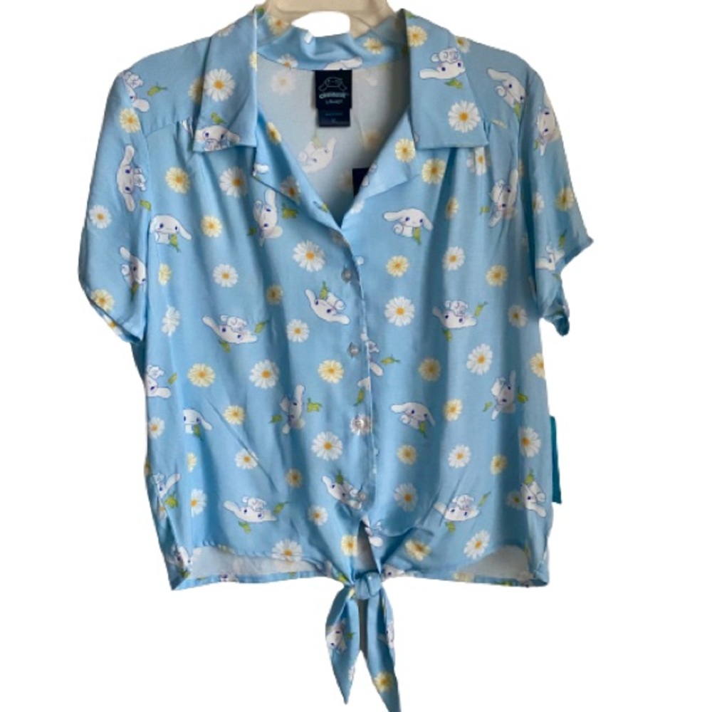 Cinnamoroll Sky Blue Button Up Tie Front Woven Short Juniors XL NWT Hot Topic